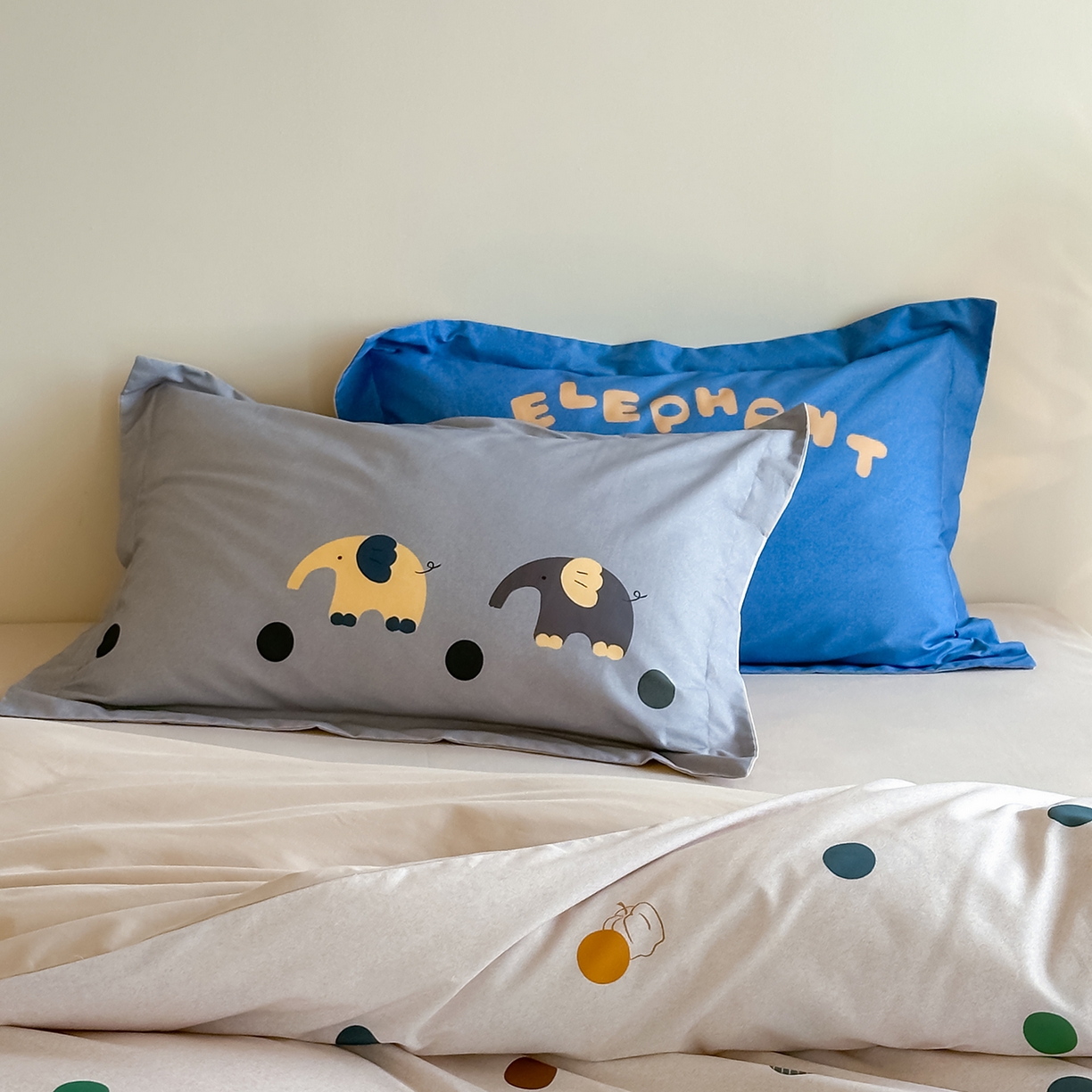 91家纺网 家纺一手货源 找家纺 时年家纺 2025新款全棉磨毛大版卡通印花系列套件 安静小象