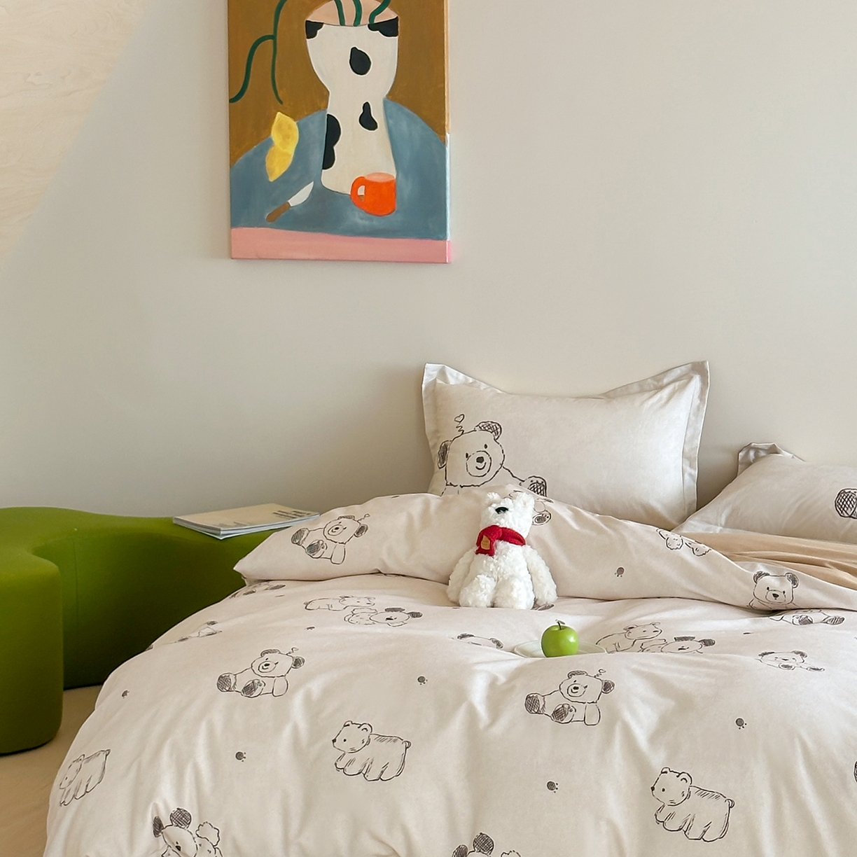 91家纺网 家纺一手货源 找家纺 时年家纺 2025新款全棉磨毛大版卡通印花系列套件 趣味熊