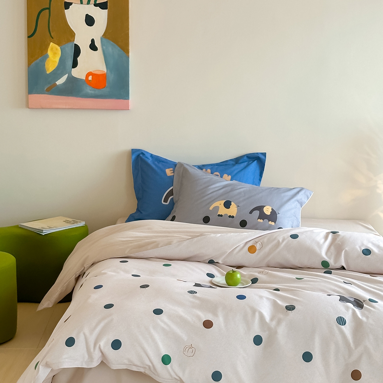 91家纺网 家纺一手货源 找家纺 时年家纺 2025新款全棉磨毛大版卡通印花系列套件 安静小象