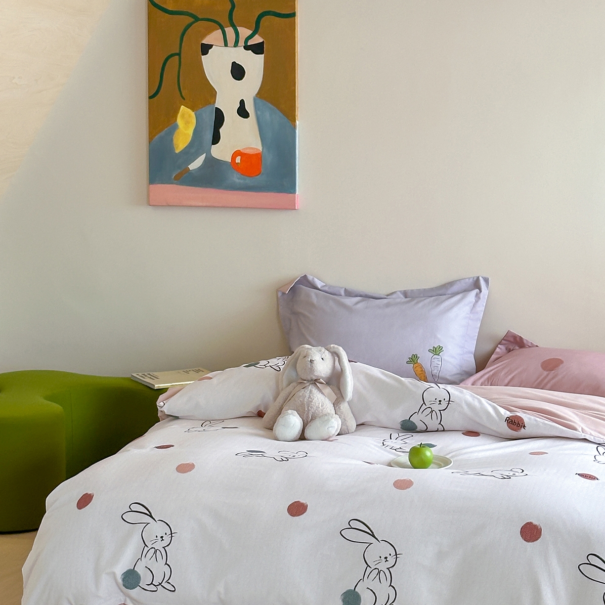 91家纺网 家纺一手货源 找家纺 时年家纺 2025新款全棉磨毛大版卡通印花系列套件 波点兔