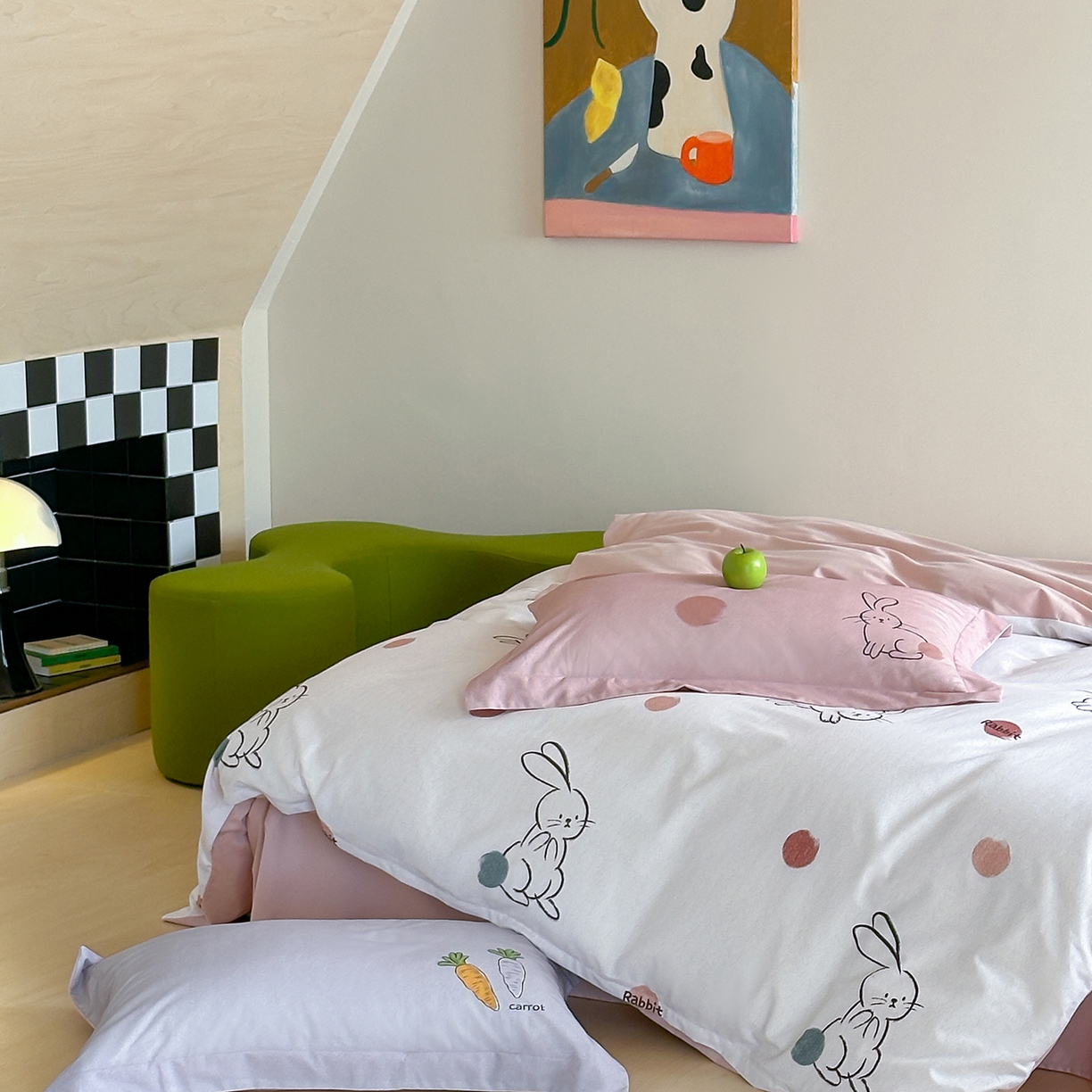 91家纺网 家纺一手货源 找家纺 时年家纺 2025新款全棉磨毛大版卡通印花系列套件 波点兔