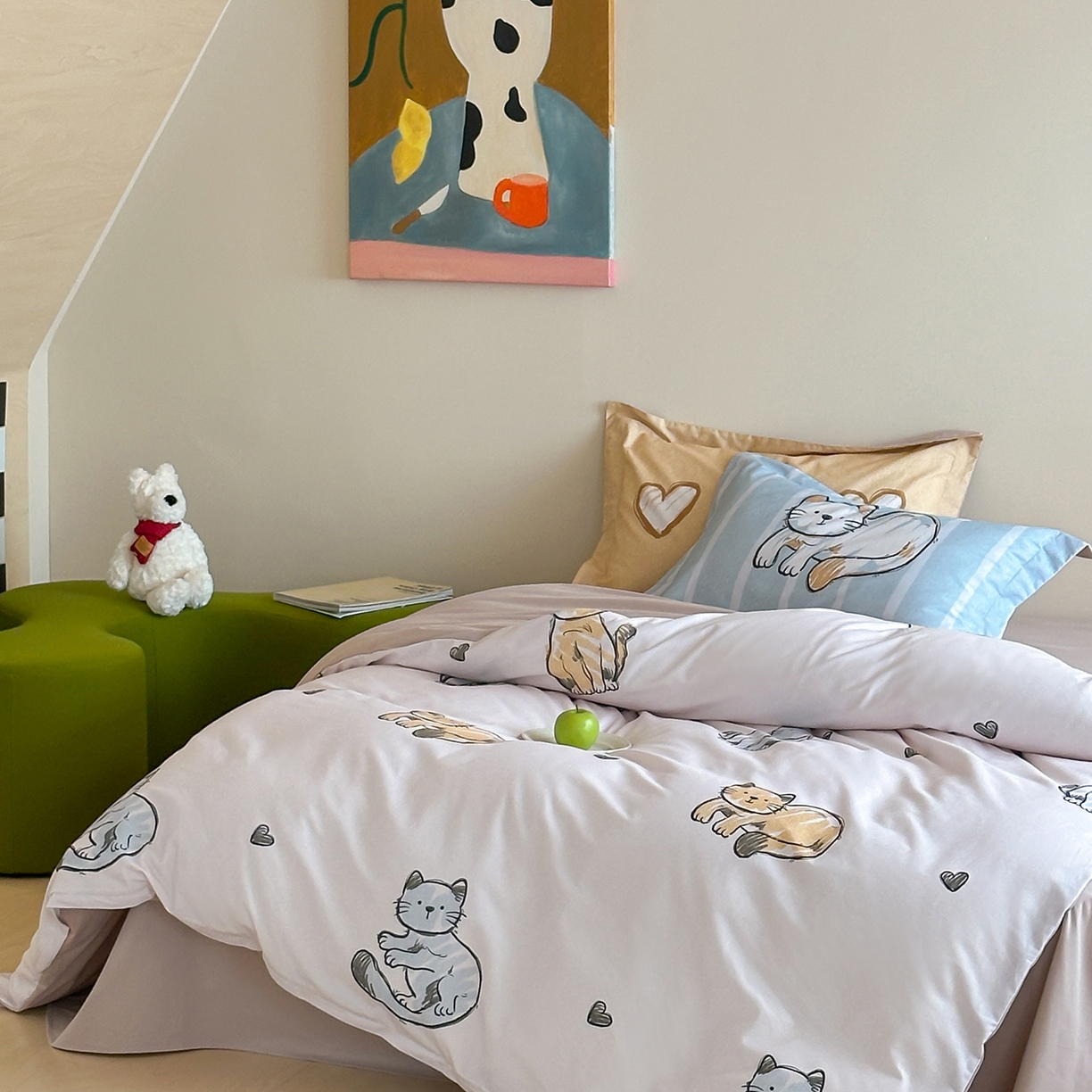 91家纺网 家纺一手货源 找家纺 时年家纺 2025新款全棉磨毛大版卡通印花系列套件 慵懒猫咪