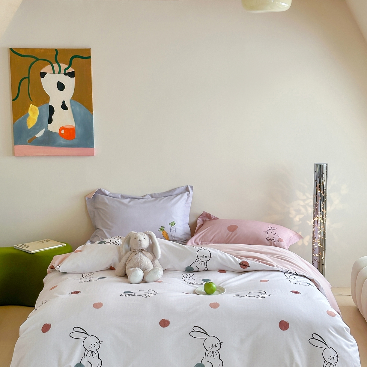 时年家纺 2025新款全棉磨毛大版卡通印花系列套件 波点兔