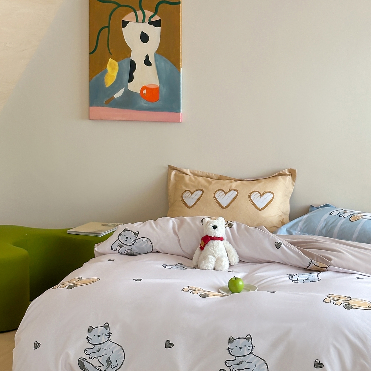 91家纺网 家纺一手货源 找家纺 时年家纺 2025新款全棉磨毛大版卡通印花系列套件 慵懒猫咪