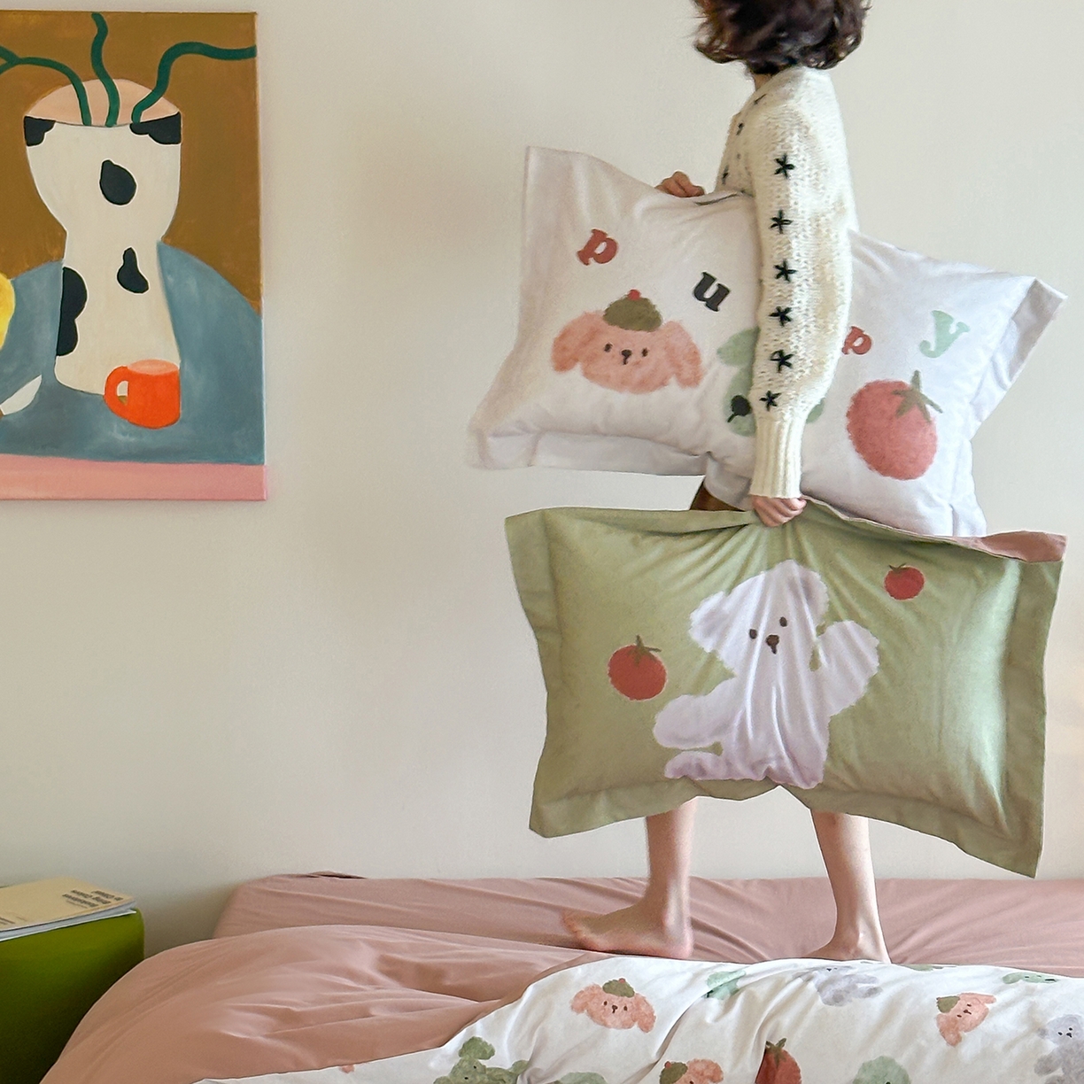 91家纺网 家纺一手货源 找家纺 时年家纺 2025新款全棉磨毛大版卡通印花系列套件 奶油玩偶