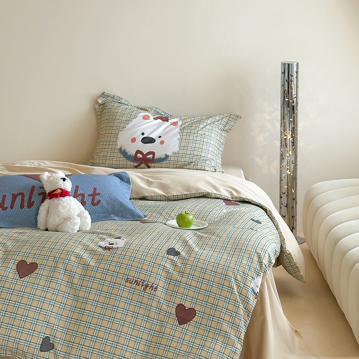 91家纺网 家纺一手货源 找家纺 时年家纺 2025新款全棉磨毛大版卡通印花系列套件 爱心熊