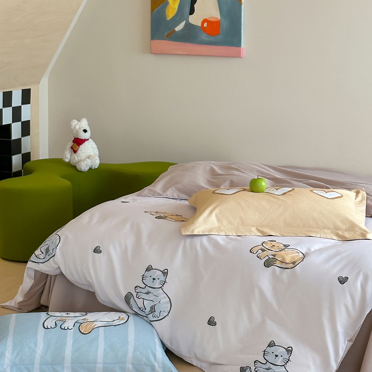 91家纺网 家纺一手货源 找家纺 时年家纺 2025新款全棉磨毛大版卡通印花系列套件 慵懒猫咪