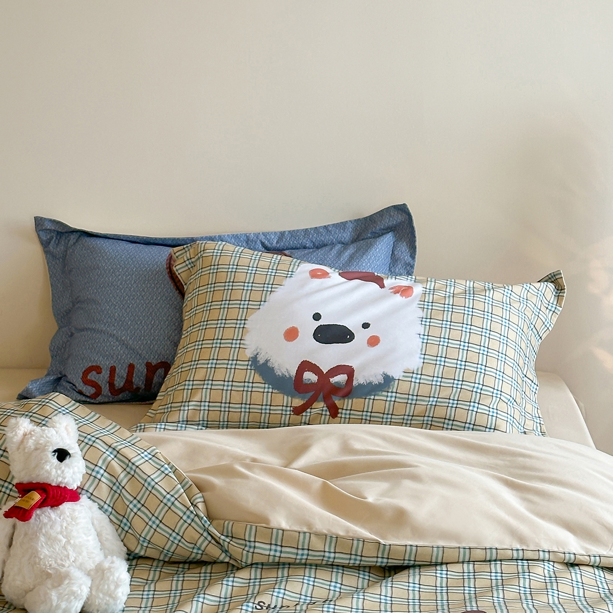 91家纺网 家纺一手货源 找家纺 时年家纺 2025新款全棉磨毛大版卡通印花系列套件 爱心熊