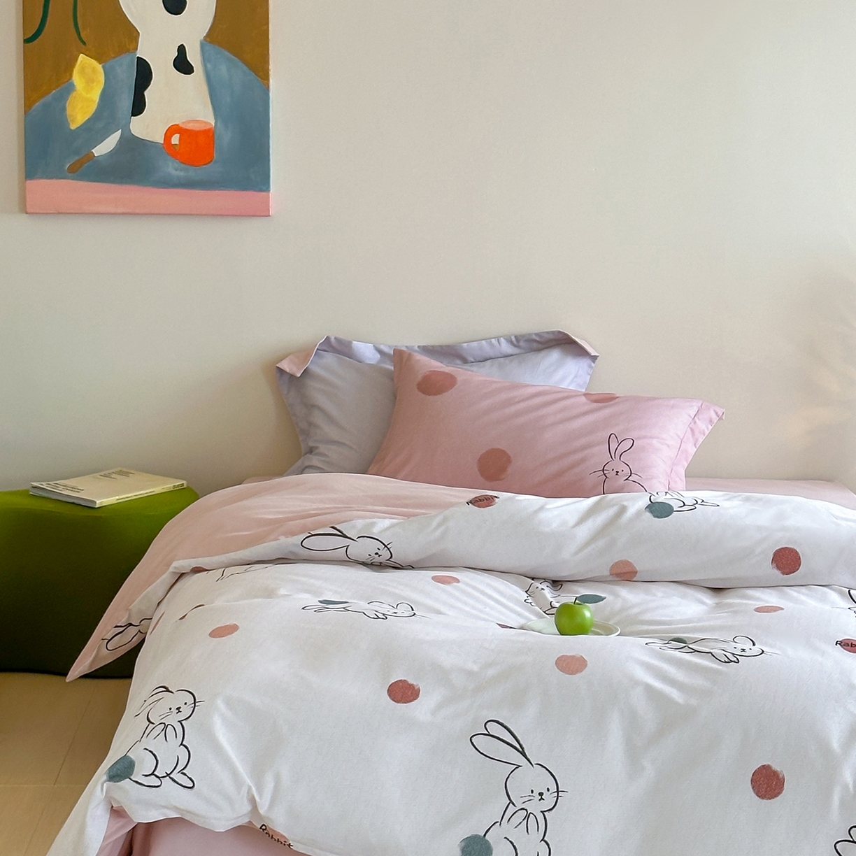 91家纺网 家纺一手货源 找家纺 时年家纺 2025新款全棉磨毛大版卡通印花系列套件 波点兔