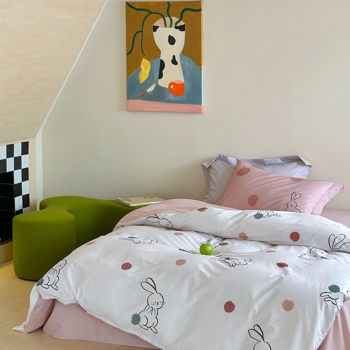 91家纺网 家纺一手货源 找家纺 时年家纺 2025新款全棉磨毛大版卡通印花系列套件 波点兔