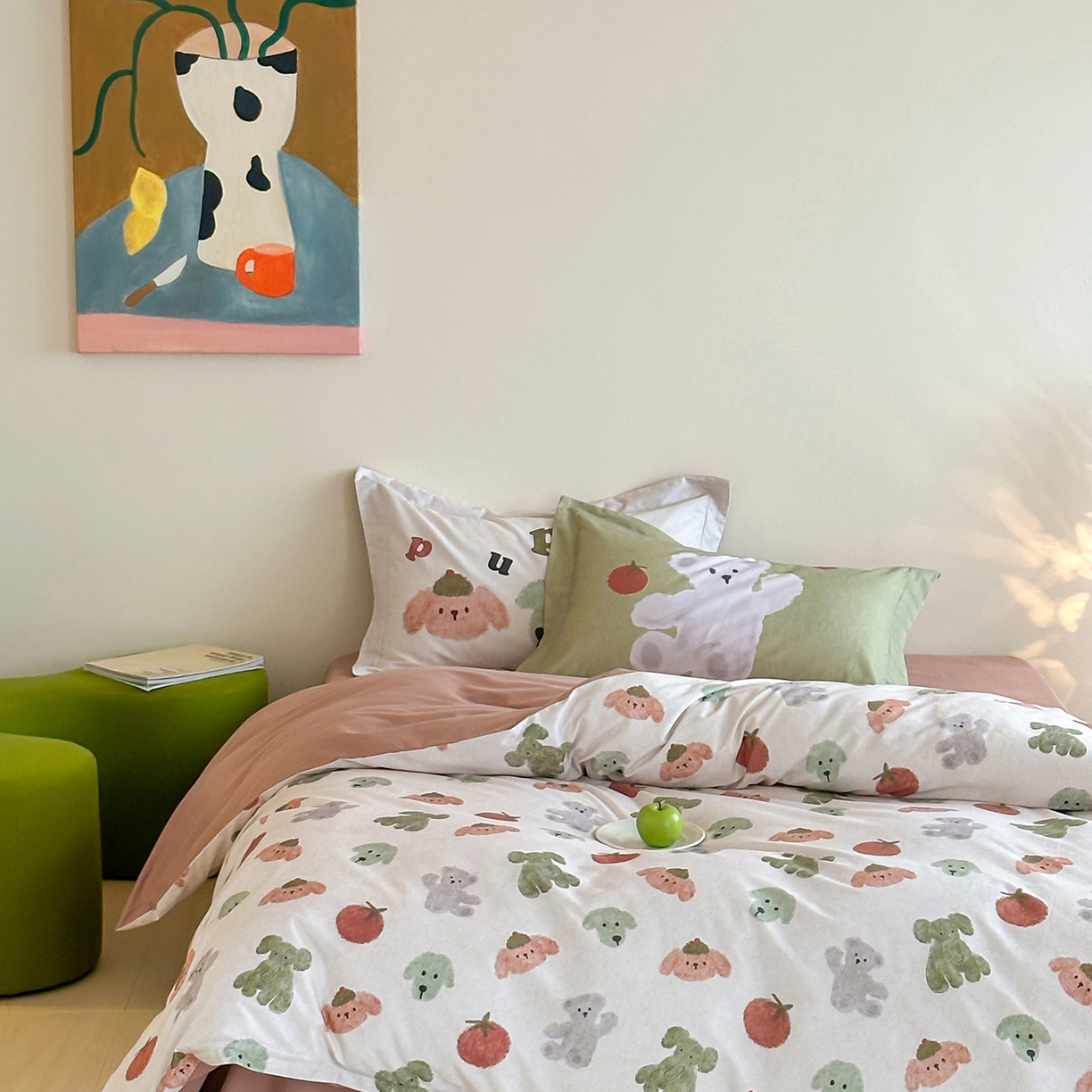 91家纺网 家纺一手货源 找家纺 时年家纺 2025新款全棉磨毛大版卡通印花系列套件 奶油玩偶