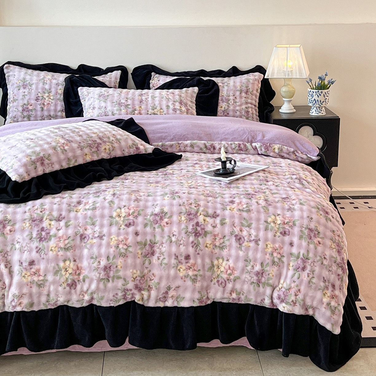 言熙居家纺 2025新款A类兔毛绒韩版卡通花边四件套 花眠