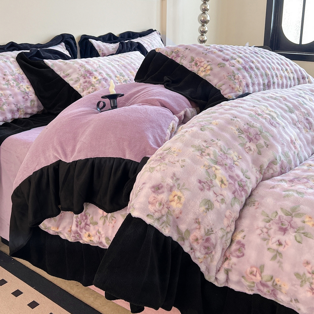 91家纺网 家纺一手货源 找家纺 言熙居家纺 2025新款A类兔毛绒韩版卡通花边四件套 花眠