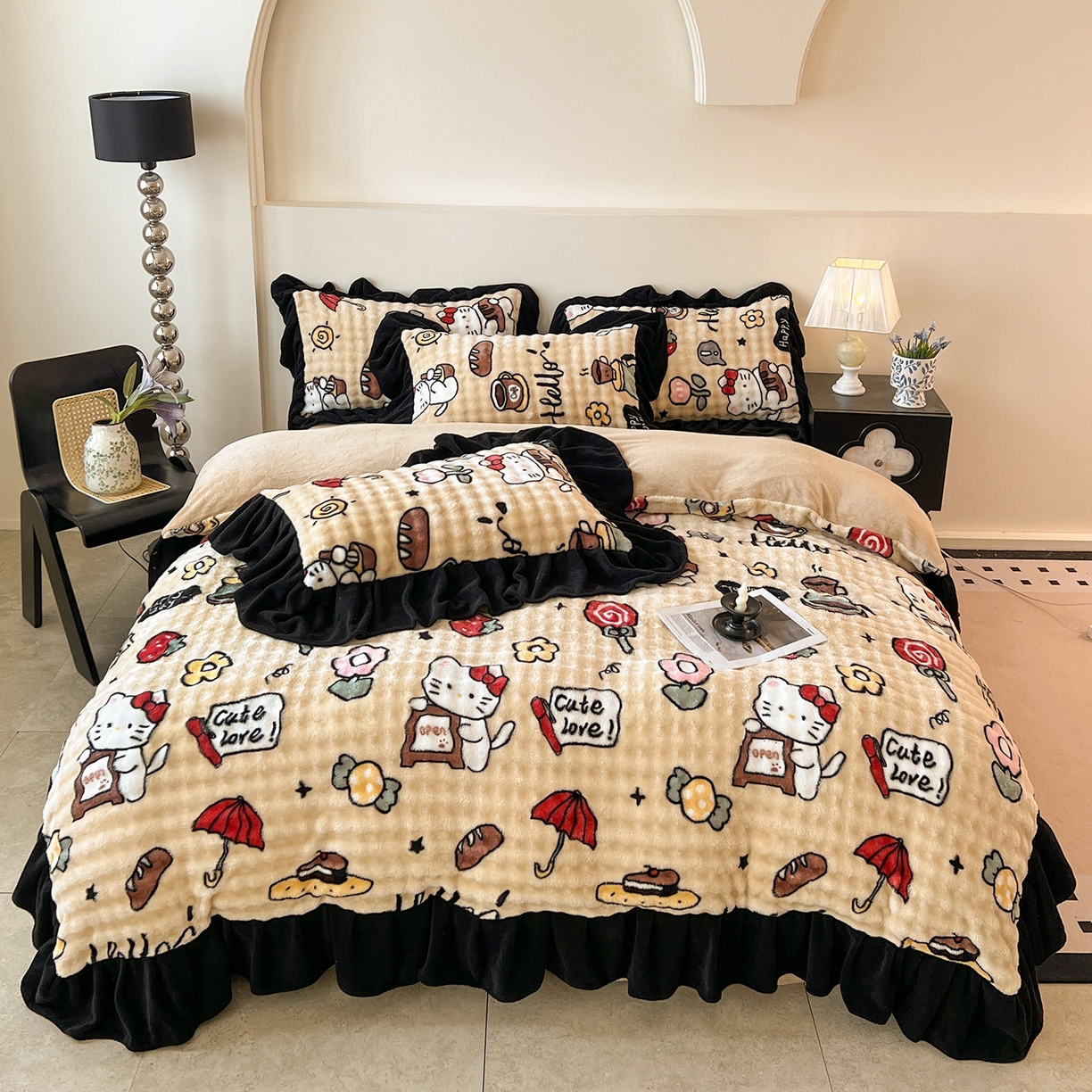 91家纺网 家纺一手货源 找家纺 言熙居家纺 2025新款A类兔毛绒韩版卡通花边四件套 休闲一刻