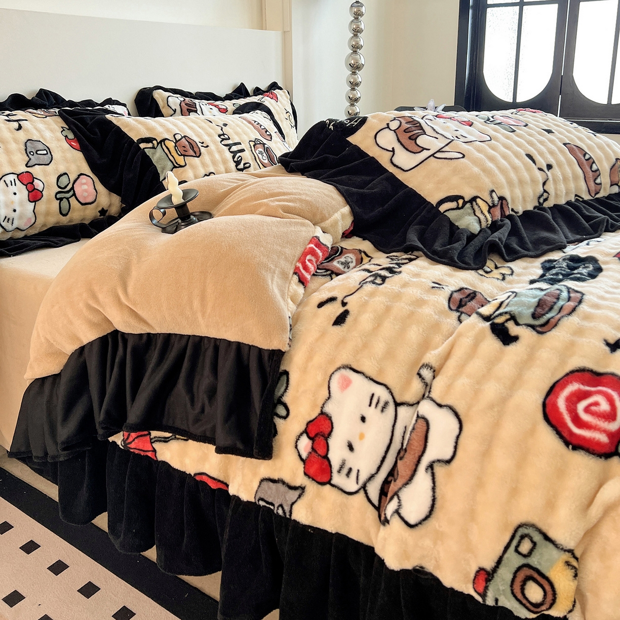 91家纺网 家纺一手货源 找家纺 言熙居家纺 2025新款A类兔毛绒韩版卡通花边四件套 休闲一刻