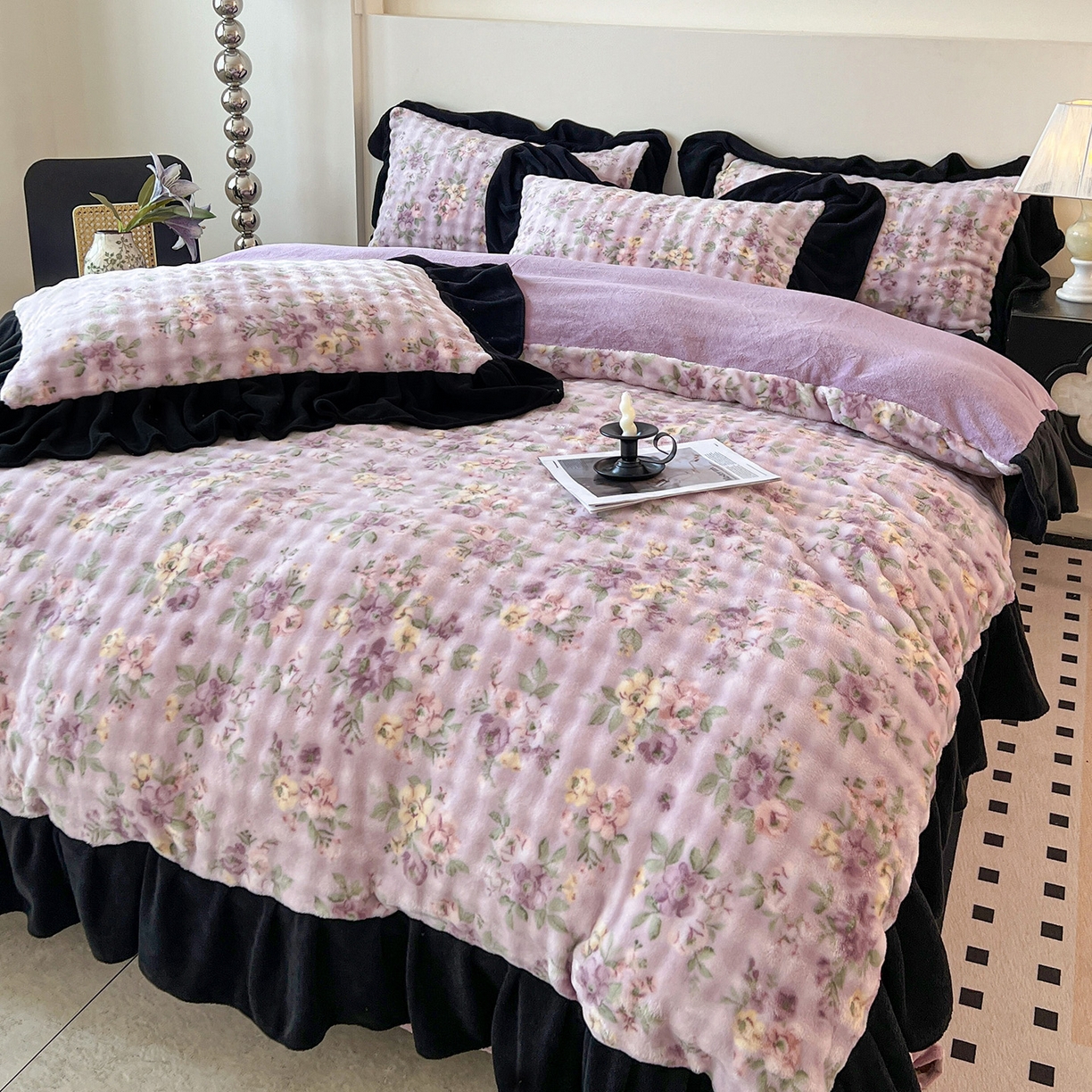 91家纺网 家纺一手货源 找家纺 言熙居家纺 2025新款A类兔毛绒韩版卡通花边四件套 花眠