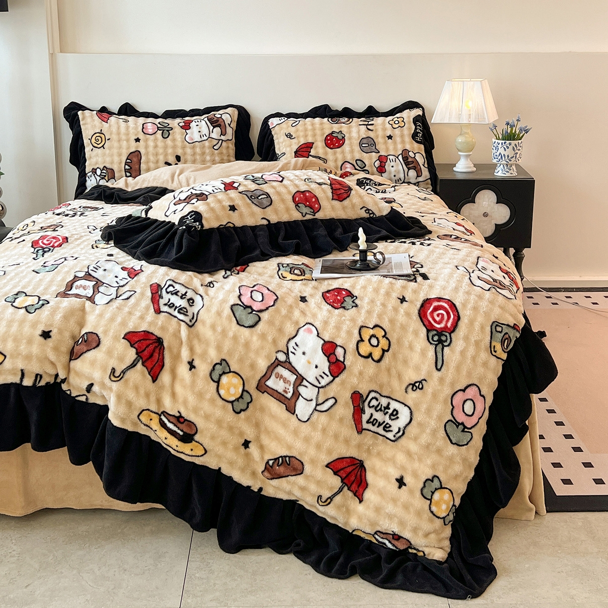 91家纺网 家纺一手货源 找家纺 言熙居家纺 2025新款A类兔毛绒韩版卡通花边四件套 休闲一刻