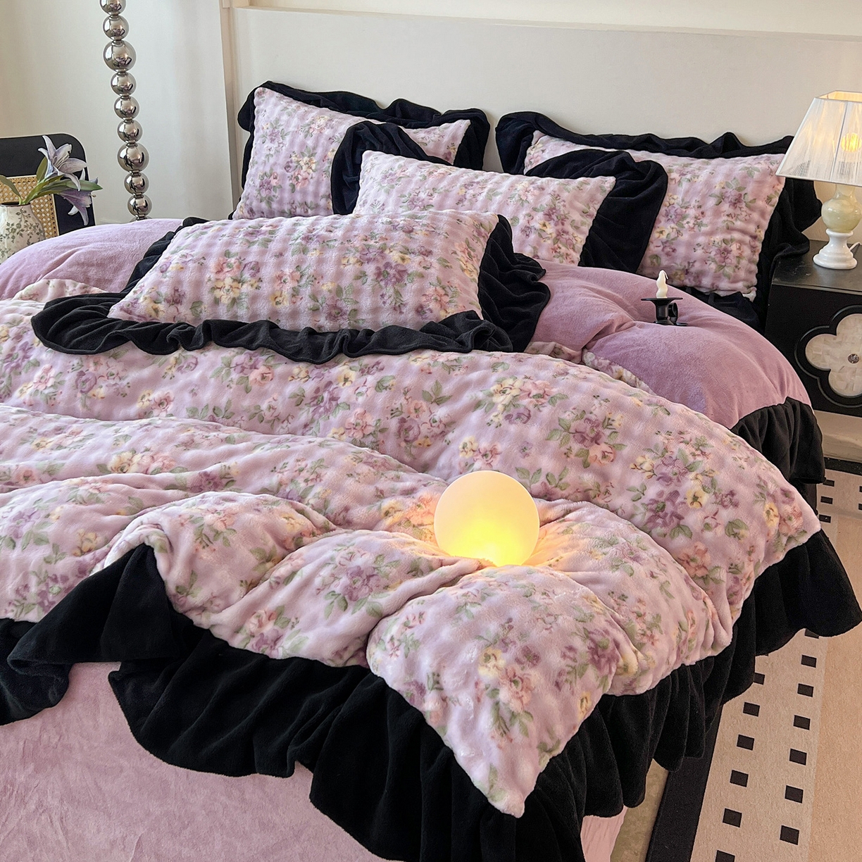 91家纺网 家纺一手货源 找家纺 言熙居家纺 2025新款A类兔毛绒韩版卡通花边四件套 花眠