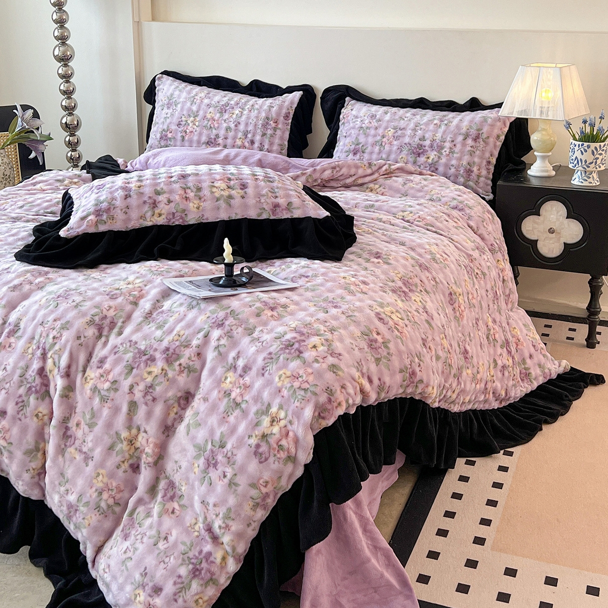 91家纺网 家纺一手货源 找家纺 言熙居家纺 2025新款A类兔毛绒韩版卡通花边四件套 花眠