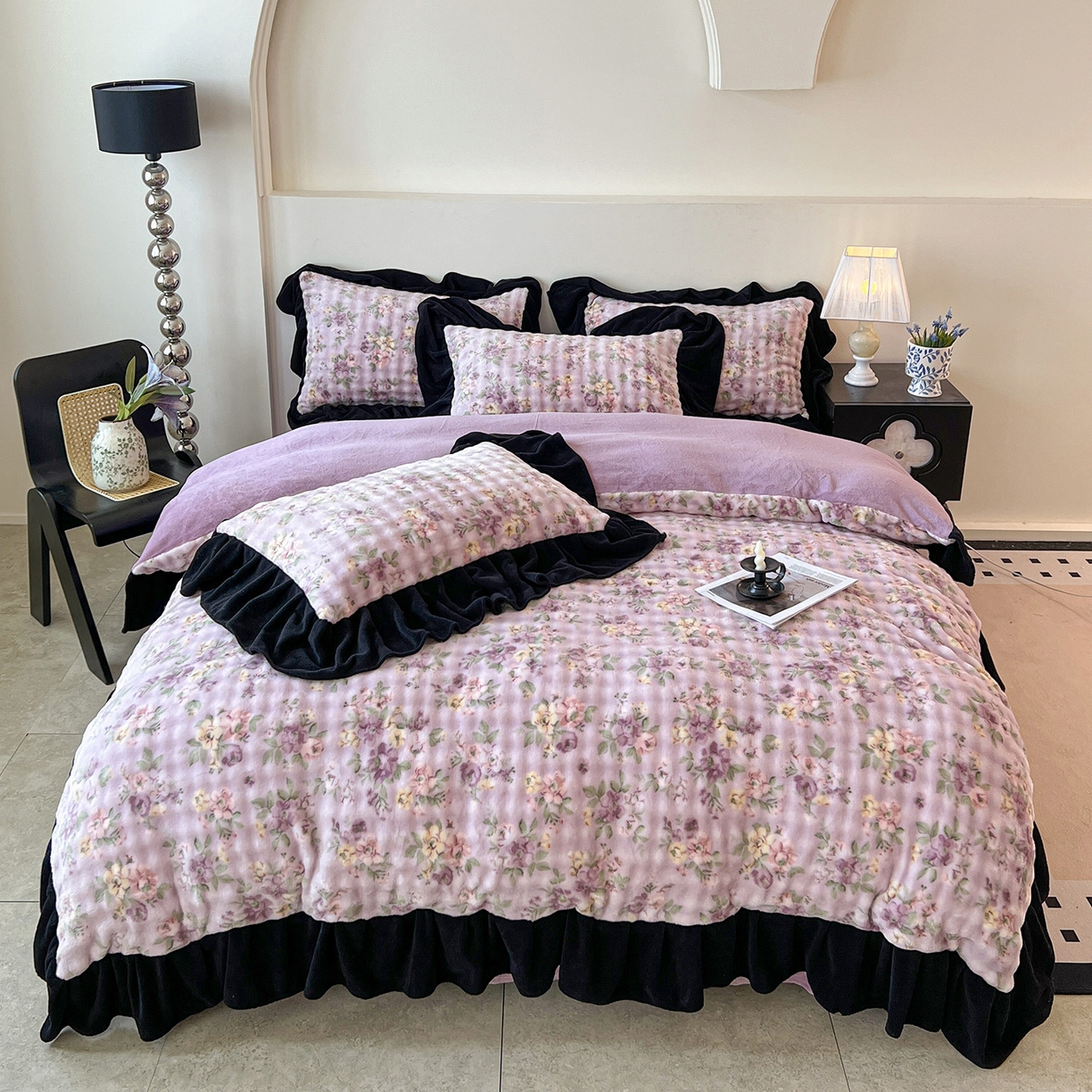 91家纺网 家纺一手货源 找家纺 言熙居家纺 2025新款A类兔毛绒韩版卡通花边四件套 花眠