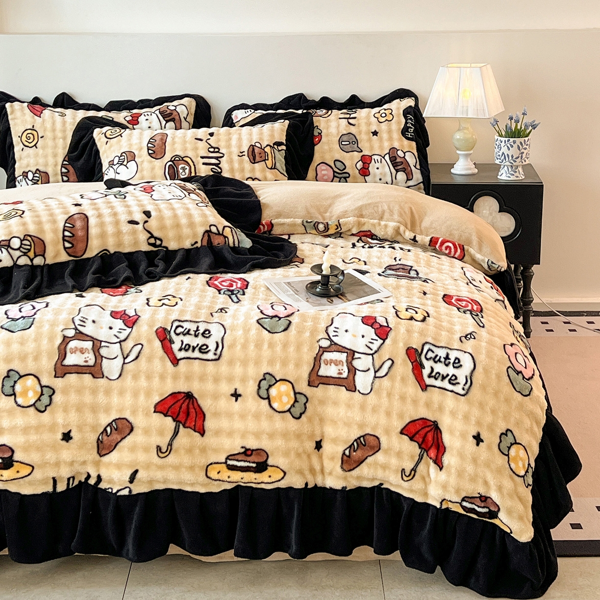 言熙居家纺 2025新款A类兔毛绒韩版卡通花边四件套 休闲一刻