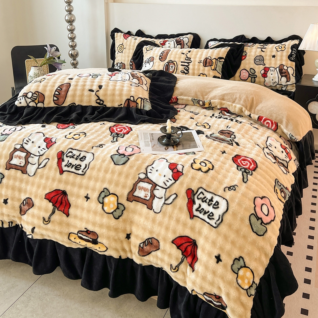 91家纺网 家纺一手货源 找家纺 言熙居家纺 2025新款A类兔毛绒韩版卡通花边四件套 休闲一刻