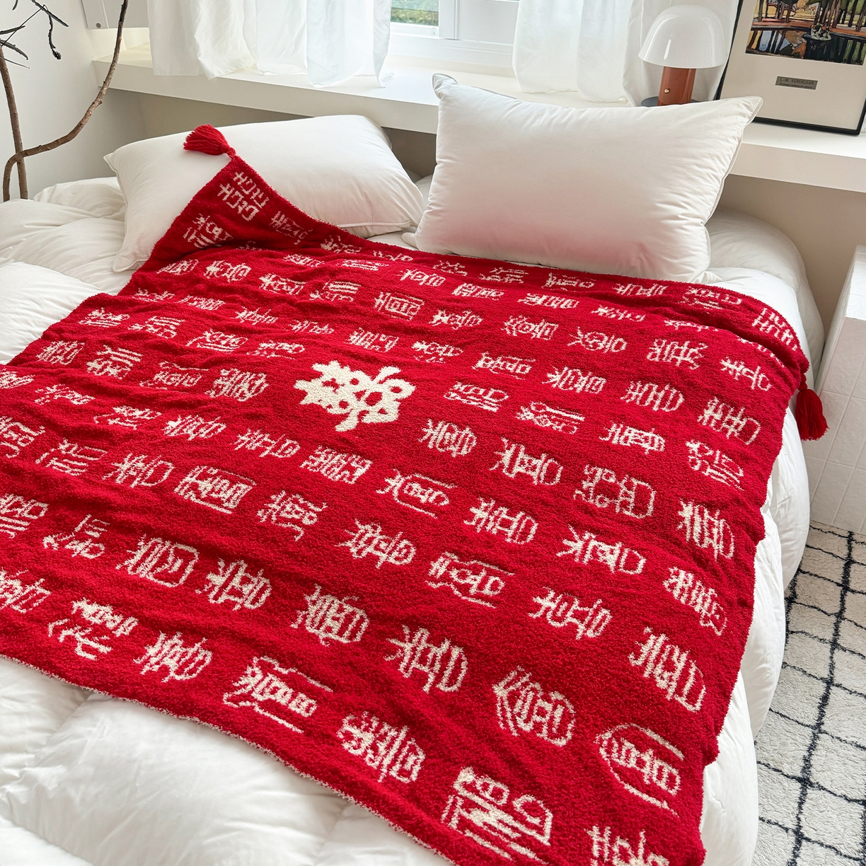 91家纺网 家纺一手货源 找家纺 丹本家纺 2025新款A类结婚订婚红双喜半边绒流苏吊坠毛毯绒毯盖毯手工针织毯 喜结良缘