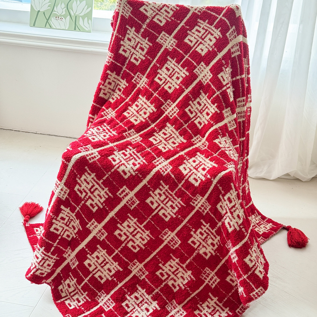 91家纺网 家纺一手货源 找家纺 丹本家纺 2025新款A类结婚订婚红双喜半边绒流苏吊坠毛毯绒毯盖毯手工针织毯 喜上加喜