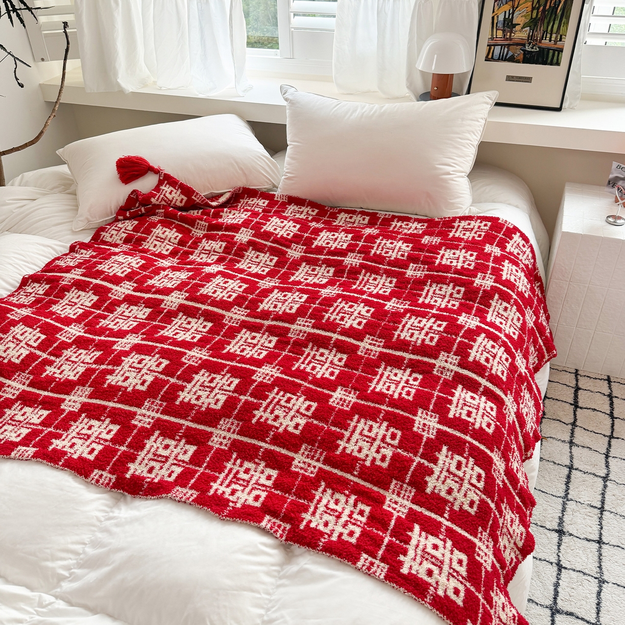 91家纺网 家纺一手货源 找家纺 丹本家纺 2025新款A类结婚订婚红双喜半边绒流苏吊坠毛毯绒毯盖毯手工针织毯 喜上加喜