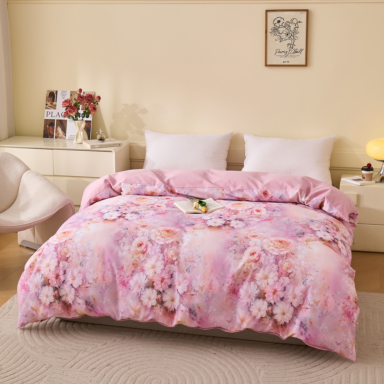 元元家居（元元被业） 2025秋冬新款全棉纯棉磨毛印花单被套 花妍悦粉