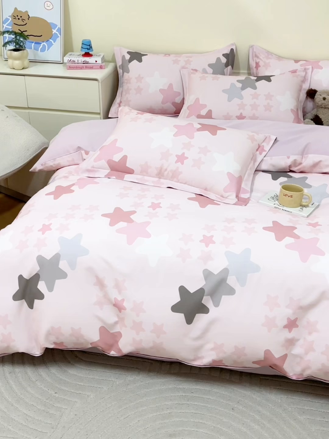 91家纺网 家纺一手货源 找家纺 元元家居（元元被业） 2025秋冬新款全棉纯棉磨毛印花单被套 星星格格