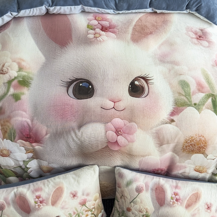 91家纺网 家纺一手货源 找家纺 宝薇 2025新款5D数码印染大卡通牛奶绒四件套 桃花兔