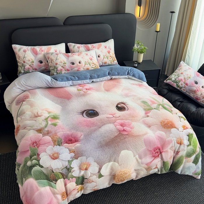 91家纺网 家纺一手货源 找家纺 宝薇 2025新款5D数码印染大卡通牛奶绒四件套 桃花兔