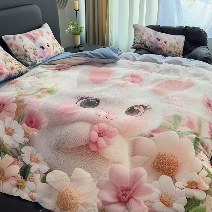 91家纺网 家纺一手货源 找家纺 宝薇 2025新款5D数码印染大卡通牛奶绒四件套 桃花兔