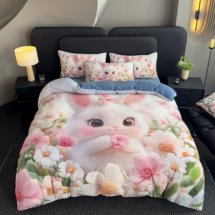 91家纺网 家纺一手货源 找家纺 宝薇 2025新款5D数码印染大卡通牛奶绒四件套 桃花兔