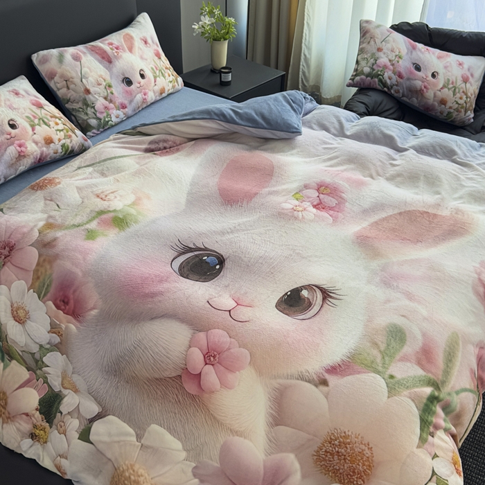 91家纺网 家纺一手货源 找家纺 宝薇 2025新款5D数码印染大卡通牛奶绒四件套 桃花兔