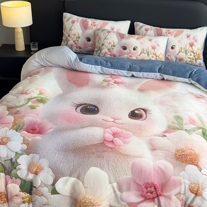 91家纺网 家纺一手货源 找家纺 宝薇 2025新款5D数码印染大卡通牛奶绒四件套 桃花兔