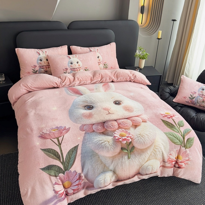 91家纺网 家纺一手货源 找家纺 宝薇 2025新款5D数码印染大卡通牛奶绒四件套 兔可爱