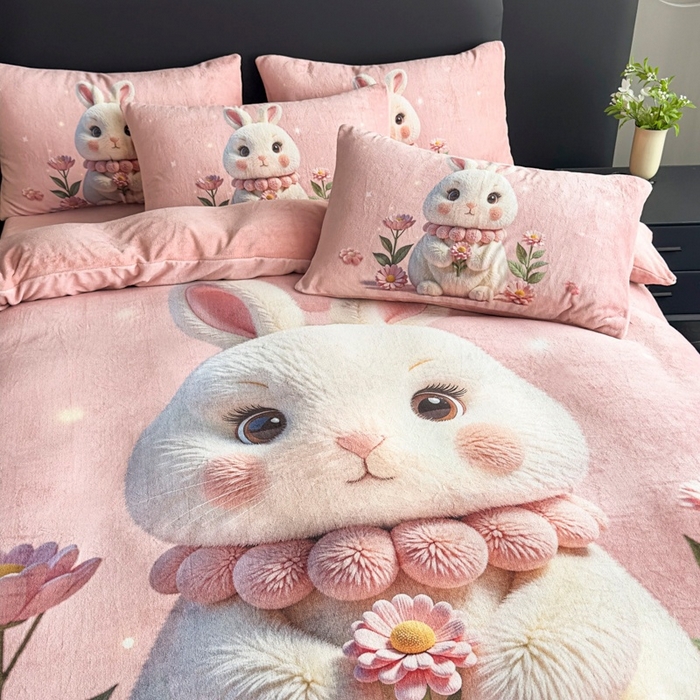 91家纺网 家纺一手货源 找家纺 宝薇 2025新款5D数码印染大卡通牛奶绒四件套 兔可爱