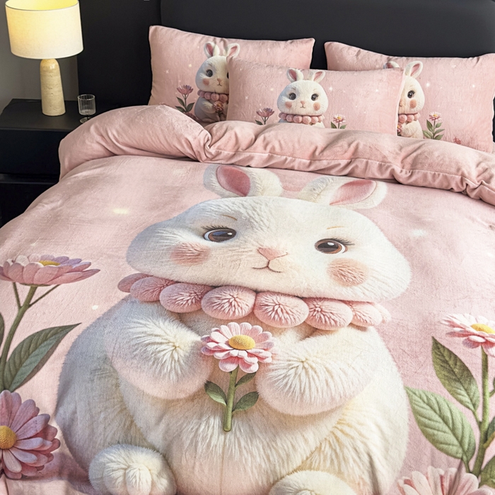 91家纺网 家纺一手货源 找家纺 宝薇 2025新款5D数码印染大卡通牛奶绒四件套 兔可爱