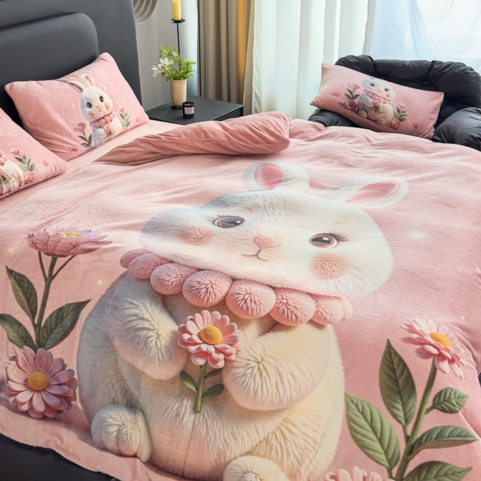 91家纺网 家纺一手货源 找家纺 宝薇 2025新款5D数码印染大卡通牛奶绒四件套 兔可爱