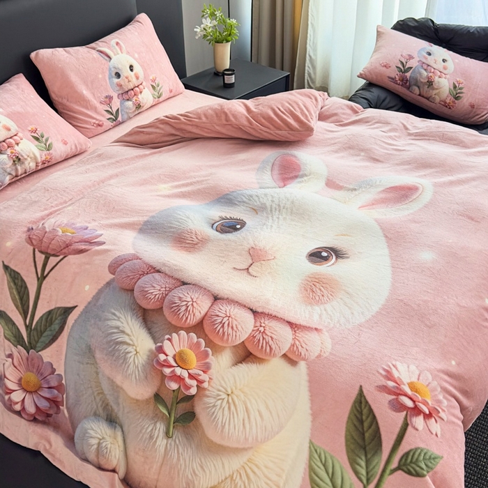 91家纺网 家纺一手货源 找家纺 宝薇 2025新款5D数码印染大卡通牛奶绒四件套 兔可爱