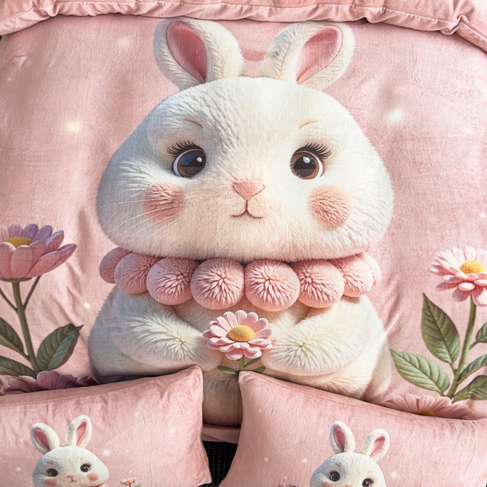 91家纺网 家纺一手货源 找家纺 宝薇 2025新款5D数码印染大卡通牛奶绒四件套 兔可爱