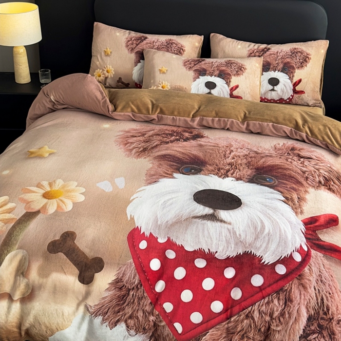 91家纺网 家纺一手货源 找家纺 宝薇 2025新款5D数码印染大卡通牛奶绒四件套 汪星人