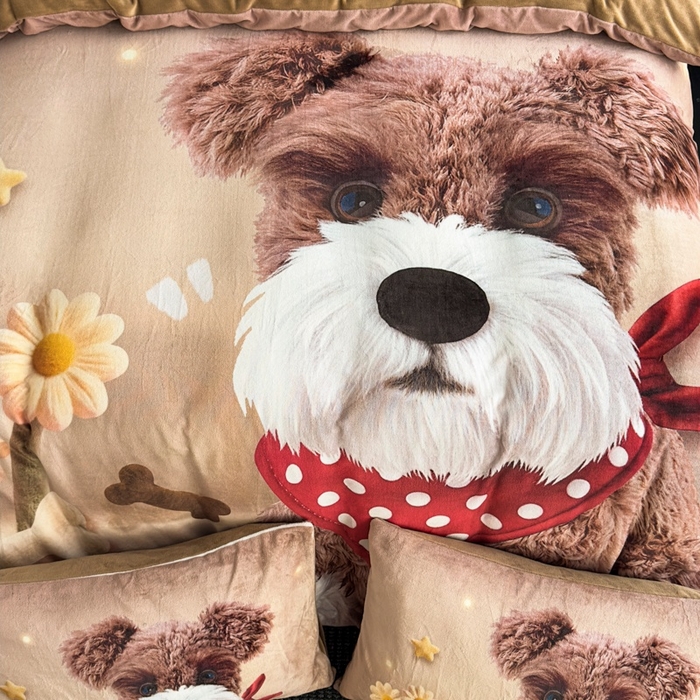 91家纺网 家纺一手货源 找家纺 宝薇 2025新款5D数码印染大卡通牛奶绒四件套 汪星人