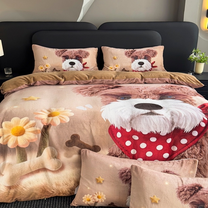 91家纺网 家纺一手货源 找家纺 宝薇 2025新款5D数码印染大卡通牛奶绒四件套 汪星人