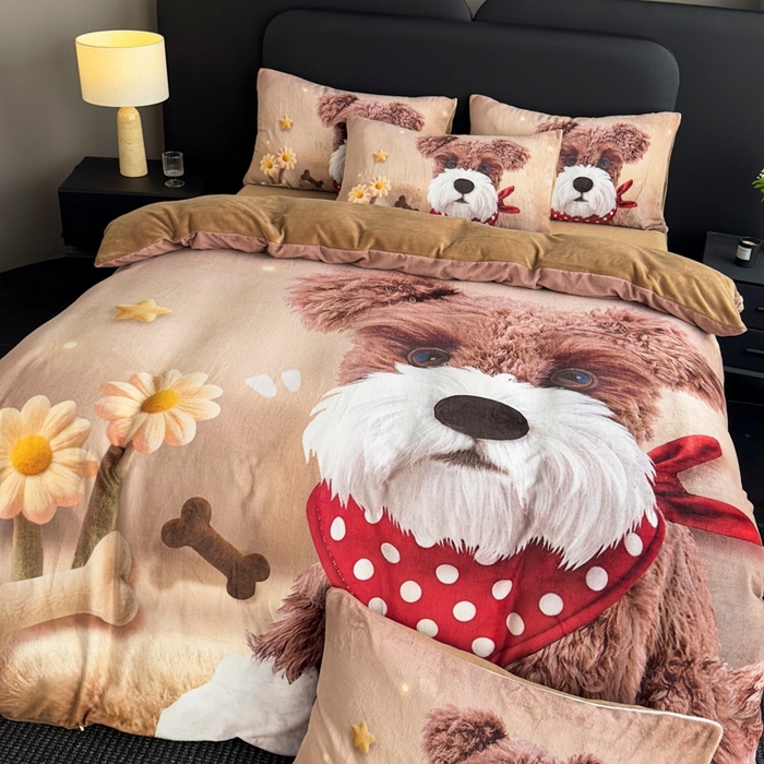 91家纺网 家纺一手货源 找家纺 宝薇 2025新款5D数码印染大卡通牛奶绒四件套 汪星人