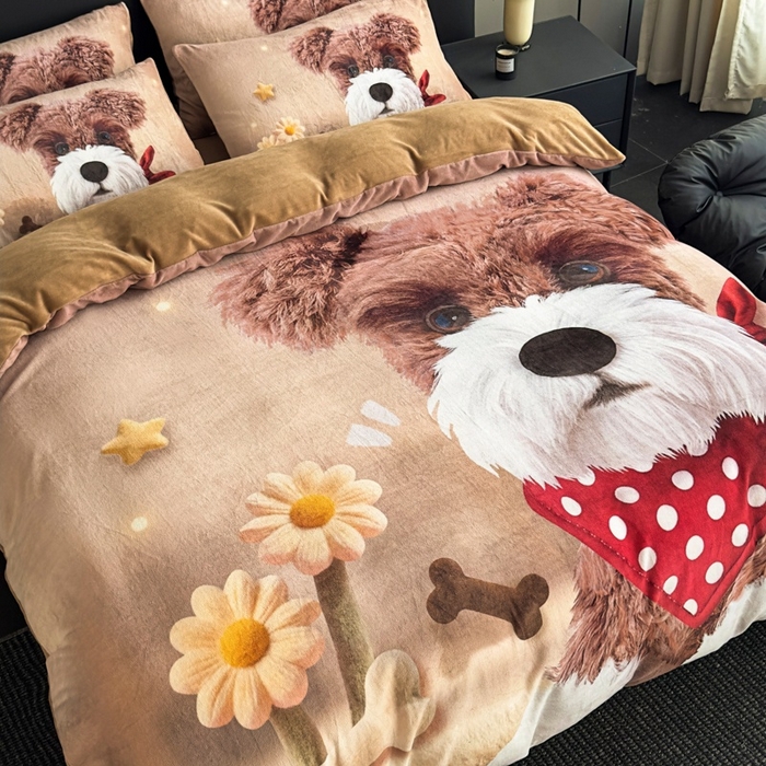 91家纺网 家纺一手货源 找家纺 宝薇 2025新款5D数码印染大卡通牛奶绒四件套 汪星人