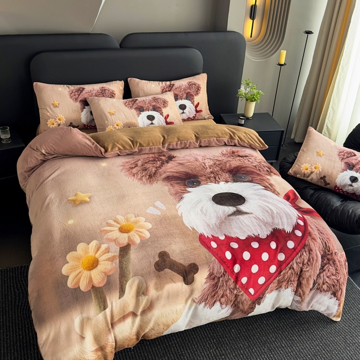 91家纺网 家纺一手货源 找家纺 宝薇 2025新款5D数码印染大卡通牛奶绒四件套 汪星人