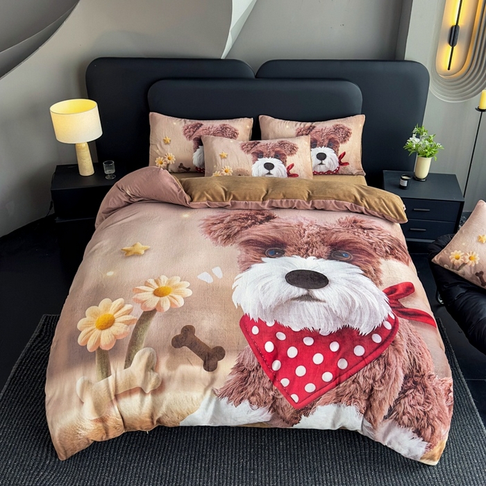 91家纺网 家纺一手货源 找家纺 宝薇 2025新款5D数码印染大卡通牛奶绒四件套 汪星人